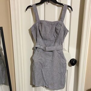 Hollister Gray and White Striped Sleeveless Belted Mini Dress